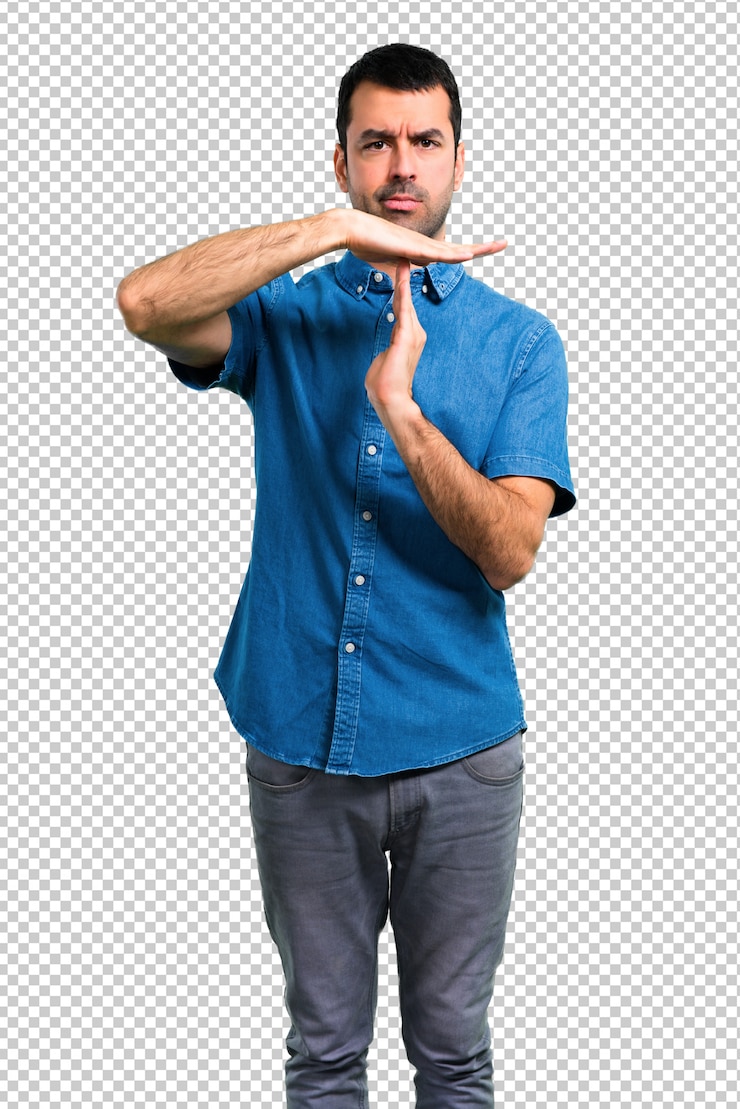 PSD uomo bello con la camicia blu che fa gesto di arresto con la sua mano