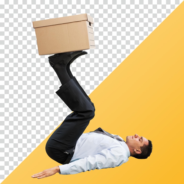 PSD uomo che equilibra una scatola di cartone a piedi