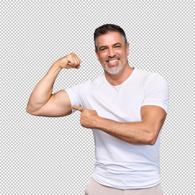 Uomo che flette il biceps e lo indica con un sorriso