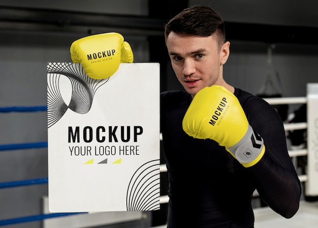 Uomo che indossa guantoni da boxe mock-up per la formazione