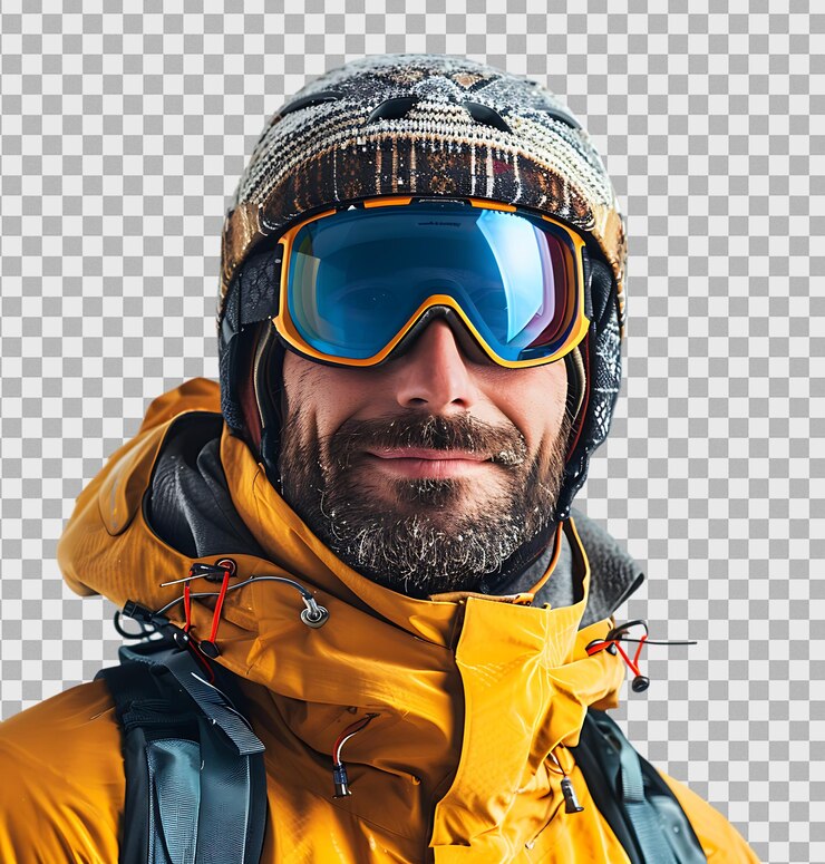PSD uomo che indossa un abito da sci invernale su uno sfondo trasparente