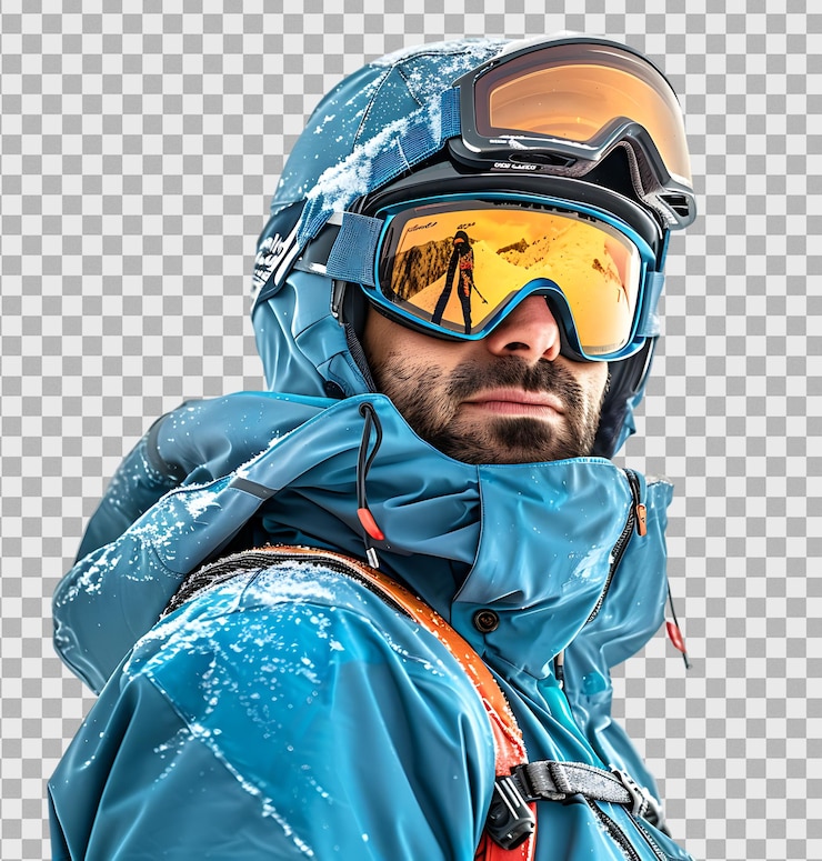 PSD uomo che indossa un abito da sci invernale su uno sfondo trasparente