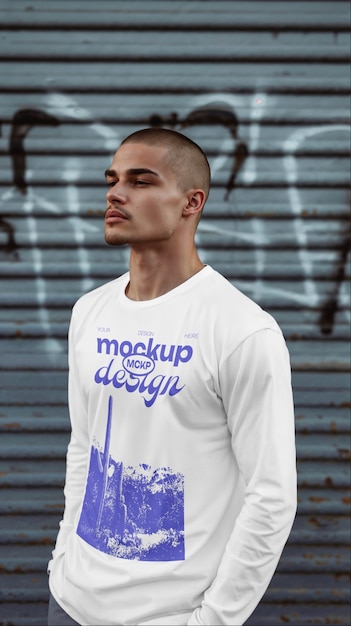 Uomo che indossa un modello di maglietta a maniche lunghe