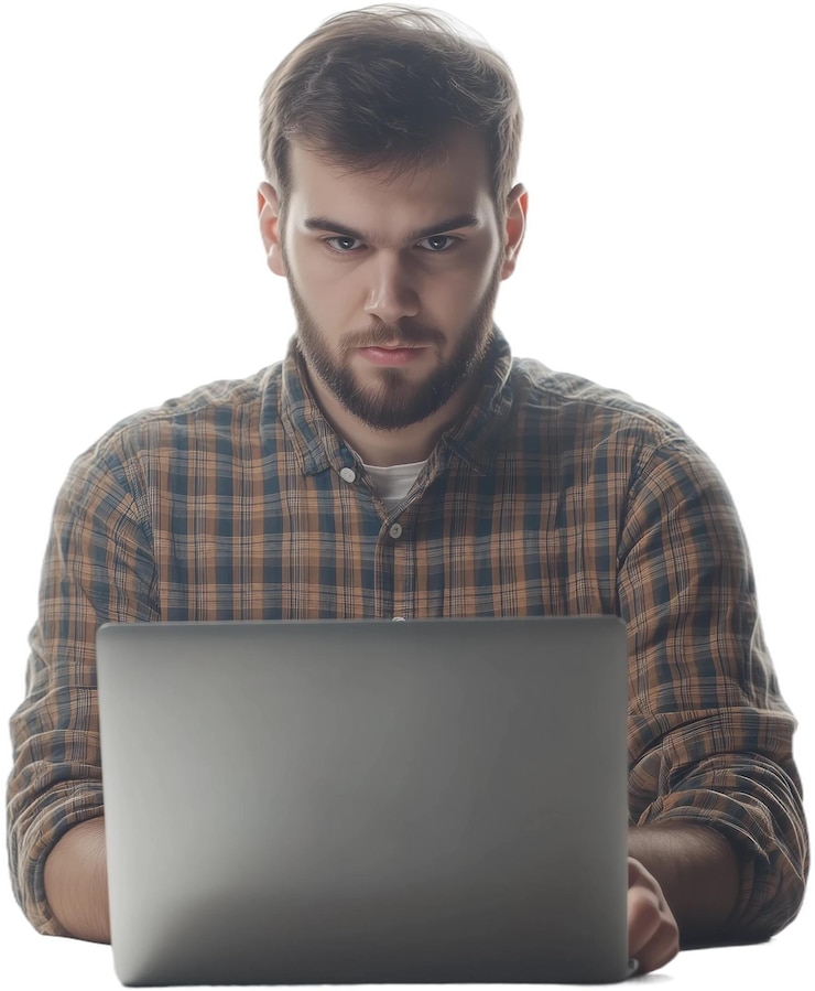 PSD uomo che lavora al computer con grafici e grafici dati per le prestazioni aziendalipngclipart