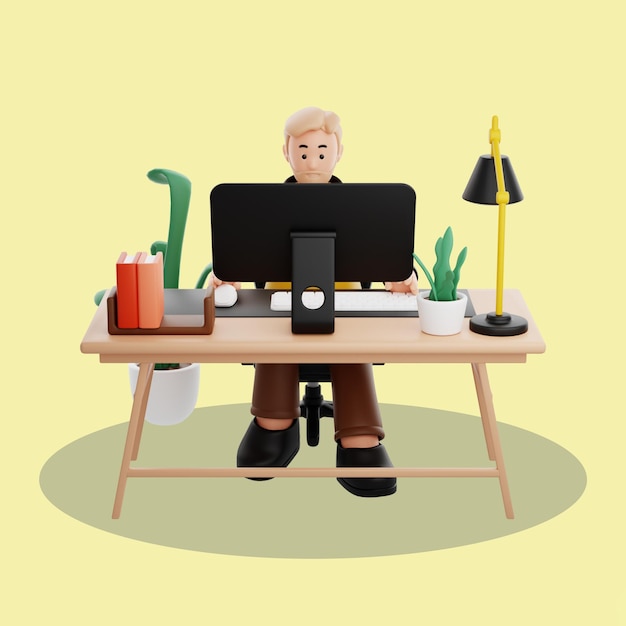 Uomo che lavora al computer in un ufficio di cartoni animati 3D
