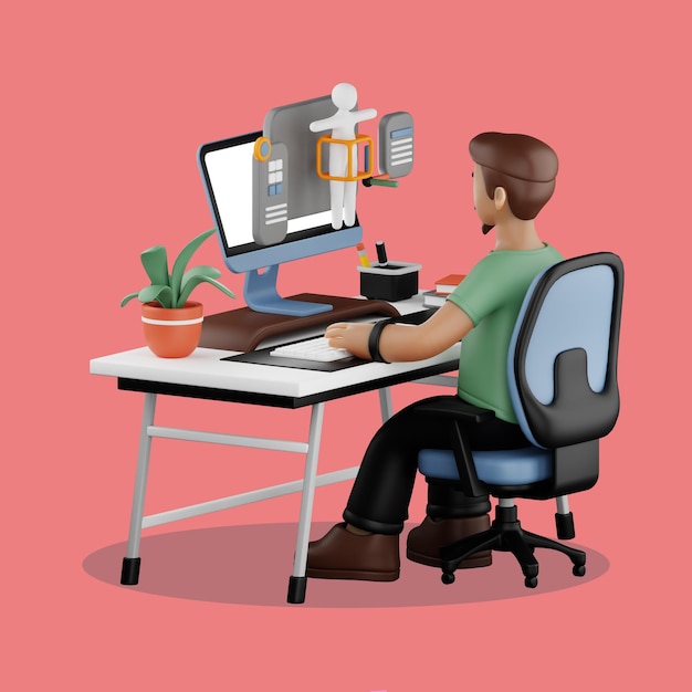 Uomo che lavora su un modello 3D con un computer