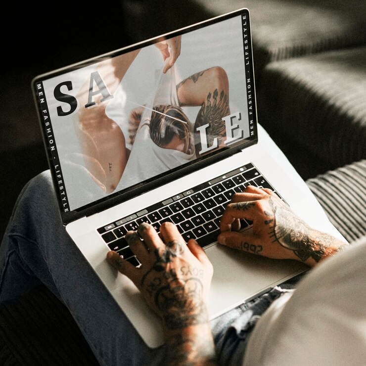 PSD uomo che lavora su un modello di portatile psd dispositivo digitale