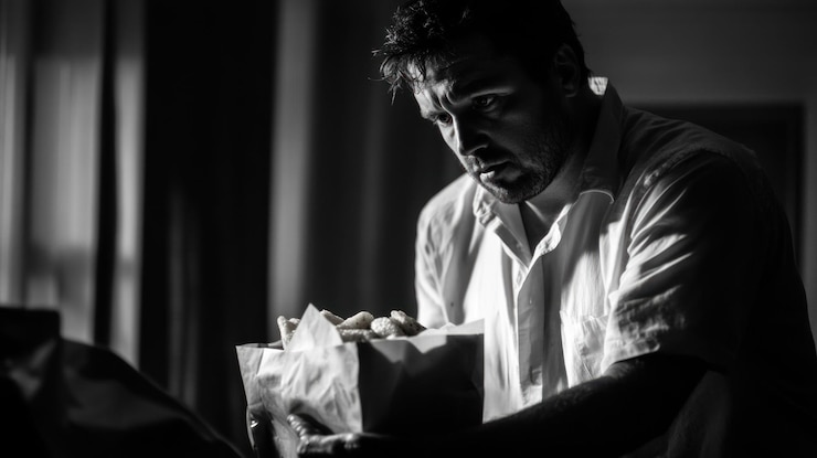 PSD uomo che mangia da un sacchetto di carta ritratto drammatico in bianco e nero