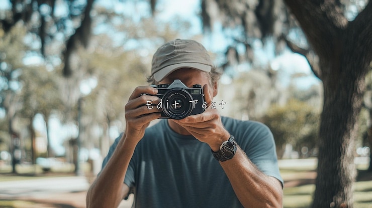 PSD uomo che scatta fotografie con una macchina fotografica d'epoca all'aperto
