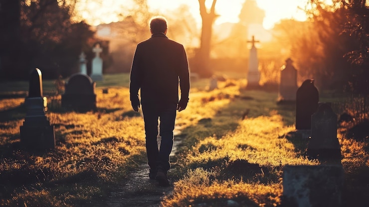 PSD uomo che si allontana al tramonto in un cimitero