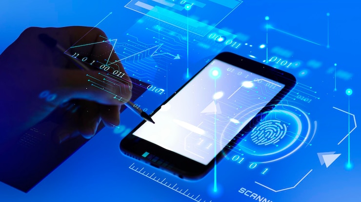 PSD uomo che usa un telefono cellulare con un sistema di scansione