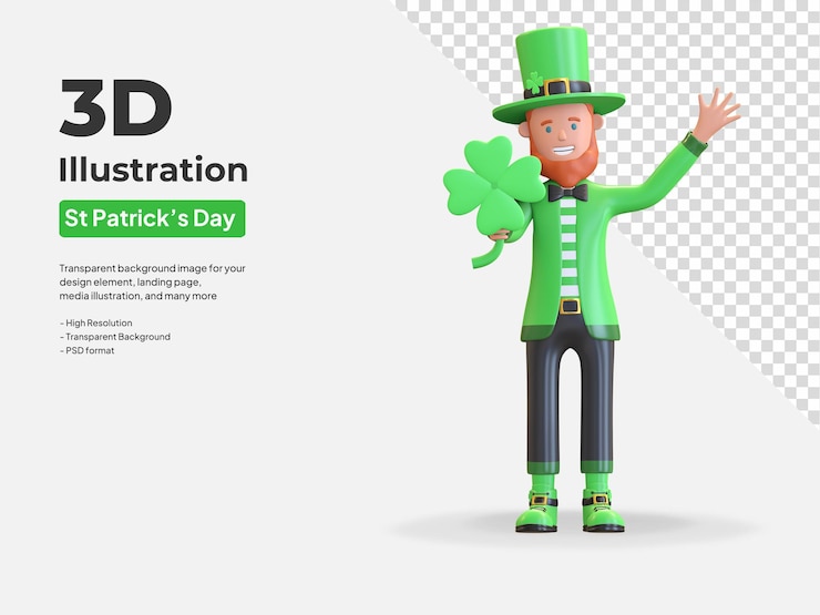 PSD uomo con barba leprechaun azienda foglia di trifoglio carattere simbolo giorno di san patrizio 3d rendering illustrazione