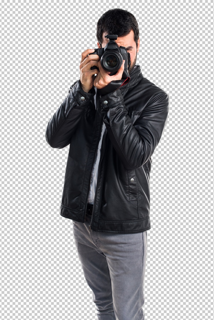 PSD uomo con giacca di pelle che fotografa