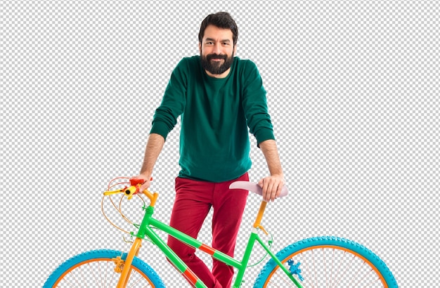 Uomo con la sua bici colorata