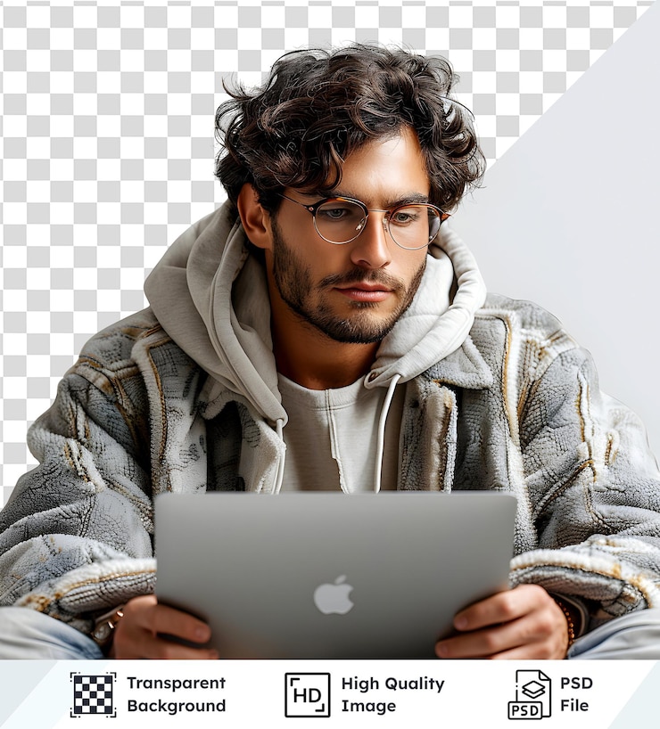 PSD uomo con occhiali che usa un portatile con sfondo trasparente file psd