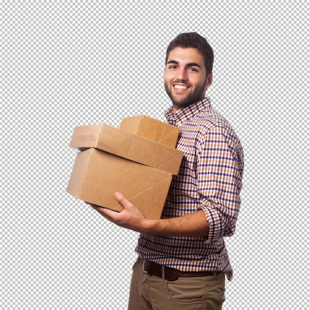 Uomo con scatole di cartone sorridente