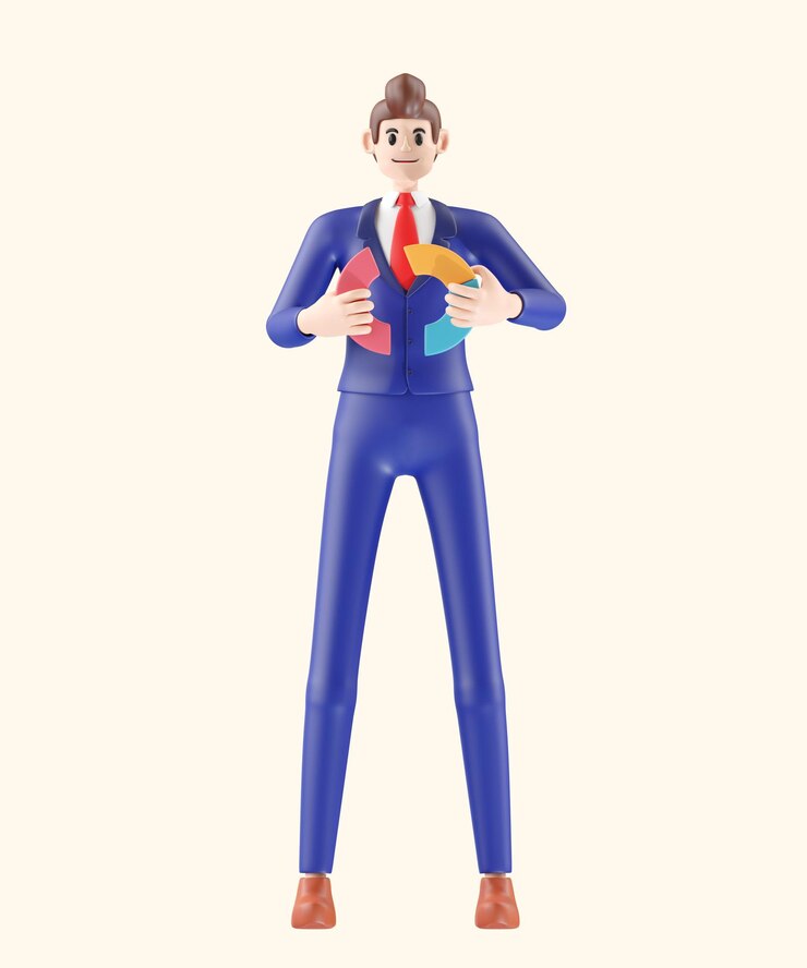 PSD uomo d'affari che presenta il paragrafo illustrazione 3d di un simpatico cartone animato sorridente isolato su sfondo bianco