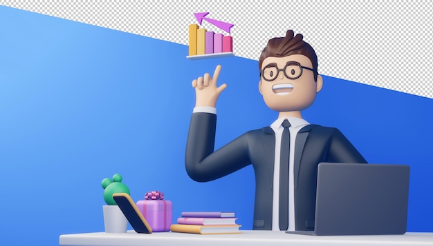Uomo d'affari con notebook e grafico, rendering 3d.