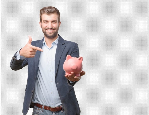 Uomo d&#39;affari con piggybank