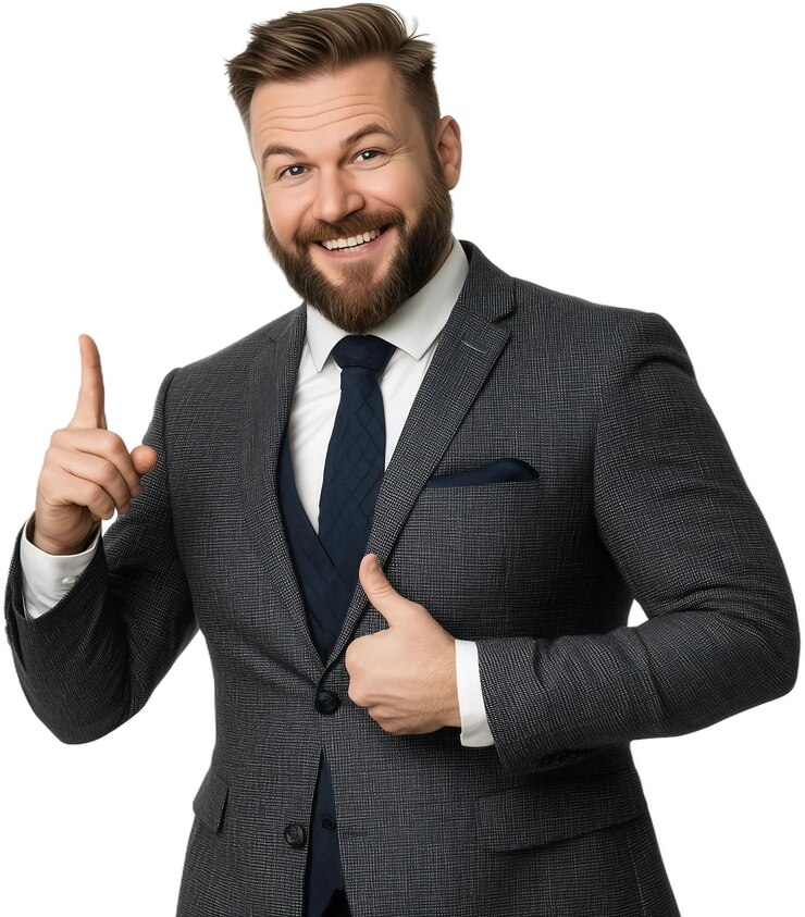 PSD uomo d'affari sorridente e che indica lo spazio di copia sul latopng sfondo trasparente clipart
