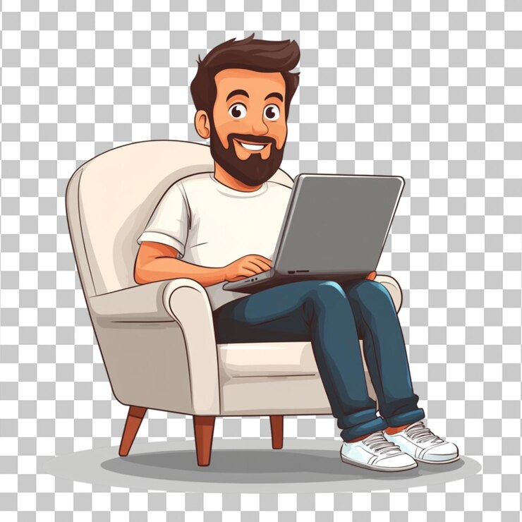 PSD uomo dei cartoni animati che lavora su un laptop, un divano, una sedia isolata, un'illustrazione, un disegno grafico