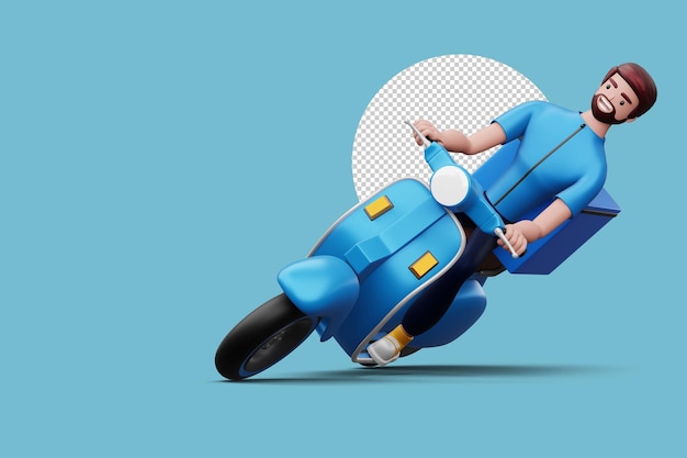 Uomo di consegna che guida una moto con il rendering 3d della scatola di consegna