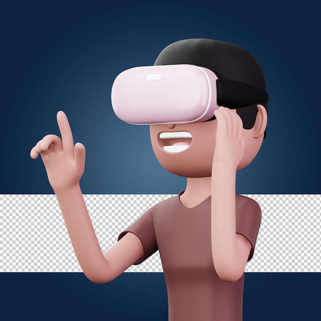 Uomo felice che utilizza l'auricolare per realtà virtuale Simpatico personaggio dei cartoni animati con rendering VR 3d