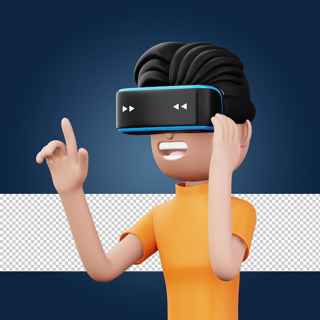 Uomo felice che utilizza l'auricolare per realtà virtuale Simpatico personaggio dei cartoni animati con rendering VR 3d