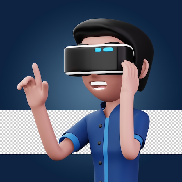 Uomo felice che utilizza l'auricolare per realtà virtuale Simpatico personaggio dei cartoni animati con rendering VR 3d