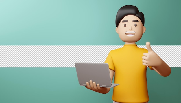Uomo felice thumbs up con rendering 3d notebook