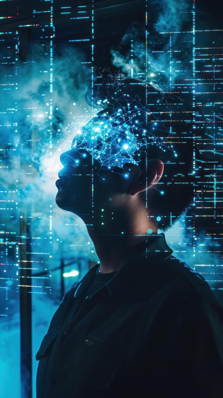 PSD uomo futuristico avvolto in codice digitale blu e fumo