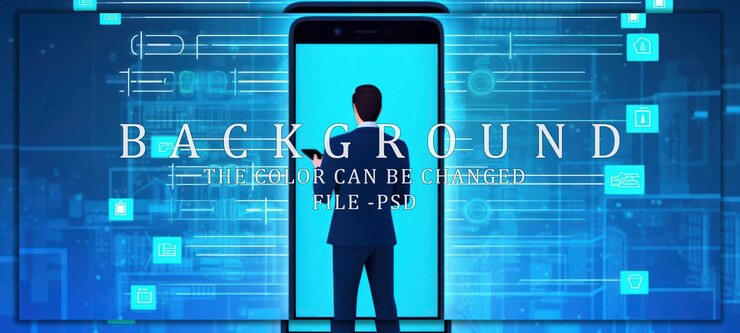 PSD uomo in abito che usa uno smartphone in un mondo digitale