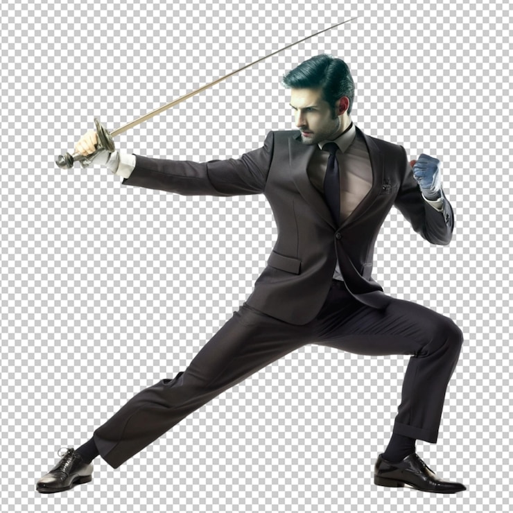 PSD uomo in abito elegante che si esercita con la spada.
