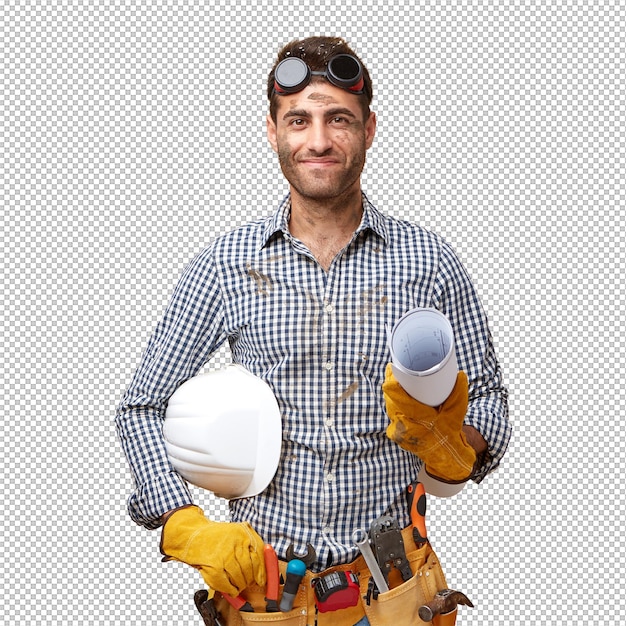 Uomo lavoratore sporco soddisfatto con occhiali protettivi sulla testa e tenendo carta arrotolata con casco isolato su parete gialla maschio professionista bello con cintura di strumenti che va a lavorare