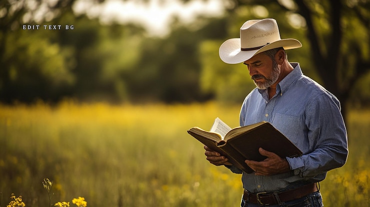 PSD uomo maturo con un cappello da cowboy legge un libro nel campo