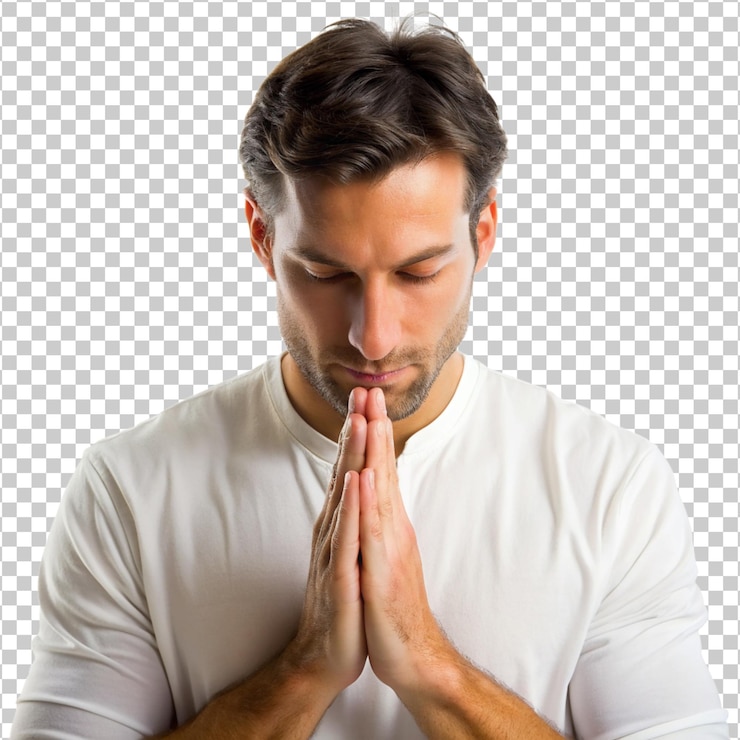 PSD uomo meditativo in camicia bianca che prega con le mani insieme tagliato isolato png trasparente