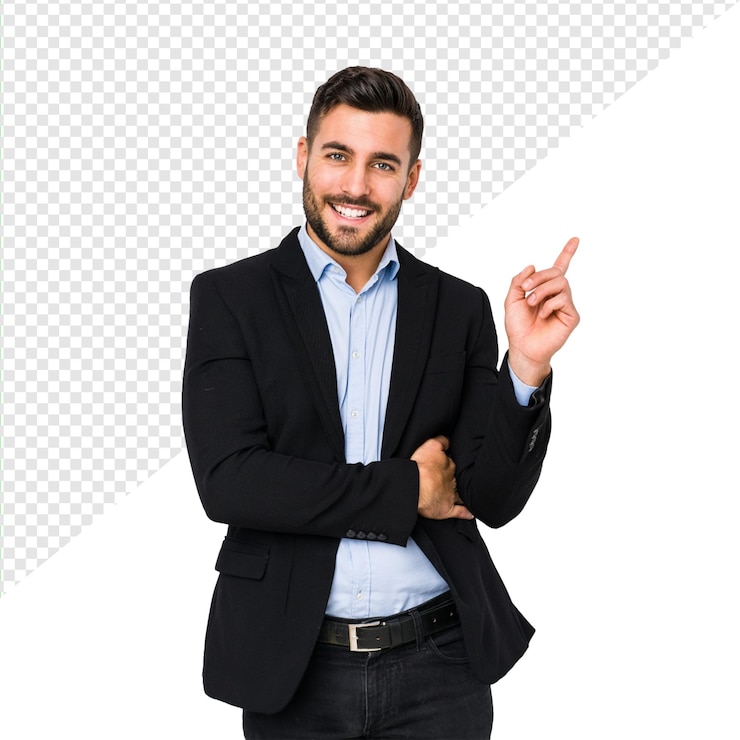 PSD uomo nero formale con la mano piegata e indicando