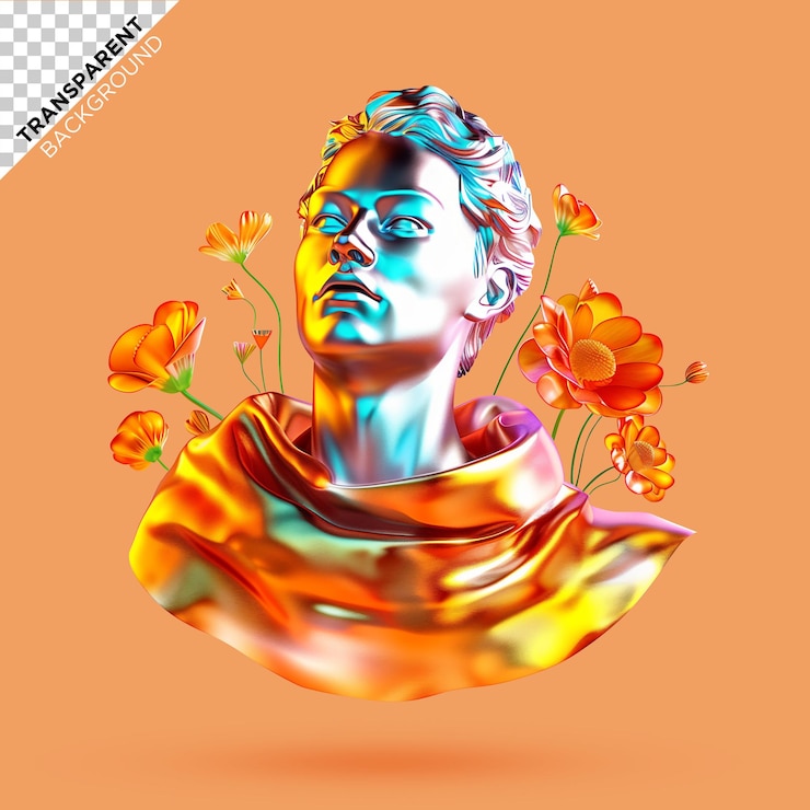 PSD uomo olografico 3d circondato da fiori illustrazione