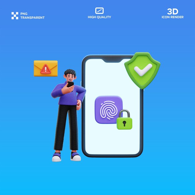 Uomo PSD che utilizza l'autenticazione delle impronte digitali sullo smartphone Illustrazione 3D