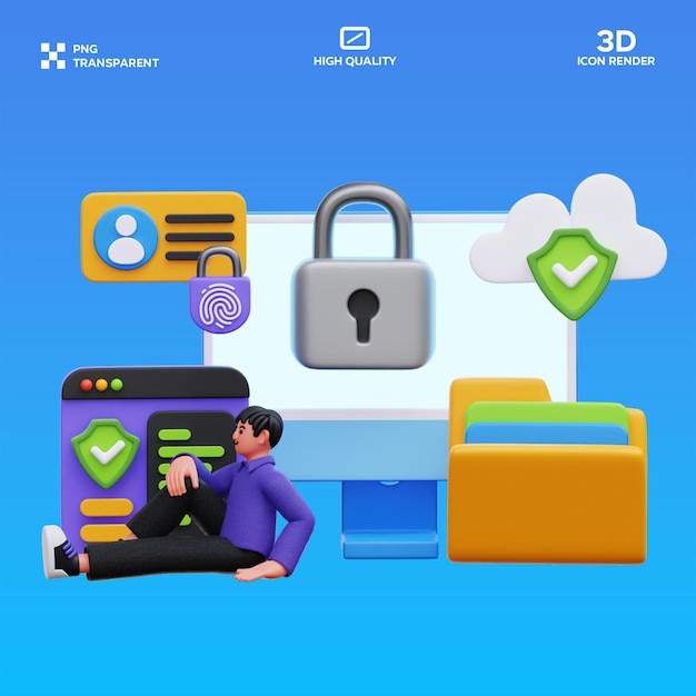 Uomo PSD che utilizza strumenti di sicurezza informatica Illustrazione 3D