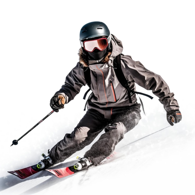 Uomo su uno sci in movimento su sfondo bianco immagine generata ai