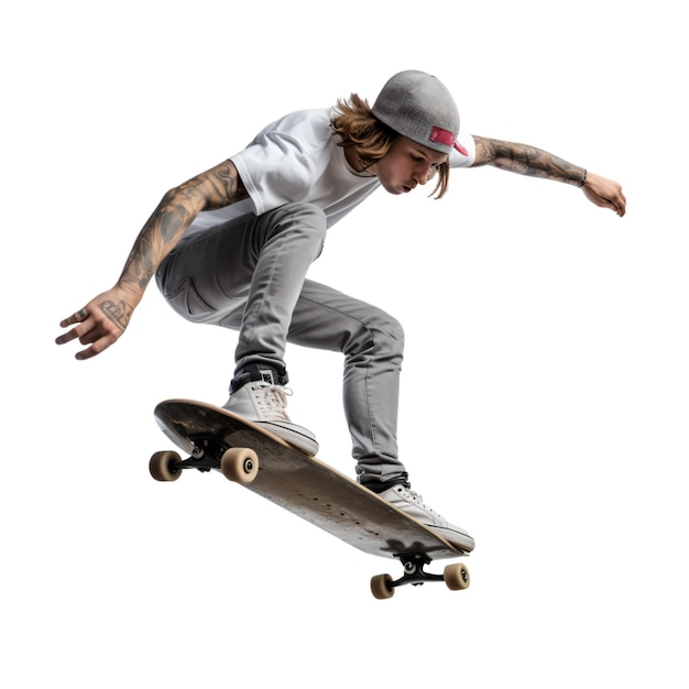 Uomo su uno skateboard che salta sull'immagine generata ai su sfondo bianco