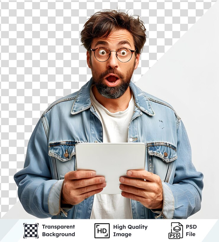 Uomo vede notizie scioccanti su un tablet, stupore, sorpresa, dispositivo digitale, sfondo chiaro