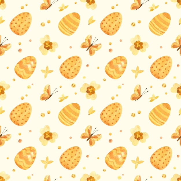 Uova senza cuciture di Pasqua Farfalle e fiori di primavera Acquerello giallo arancione