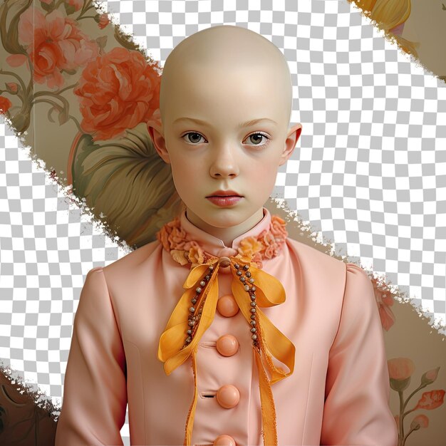 PSD uralic girl bald admiring toddler em principal attire chin on hand pastel peach background