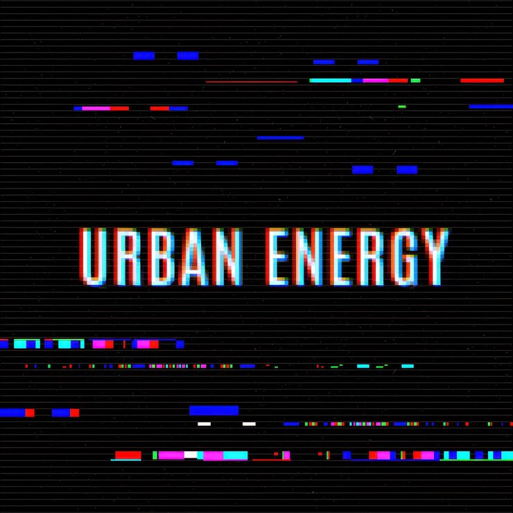 PSD urban energy glitch effect text on a distorted screen