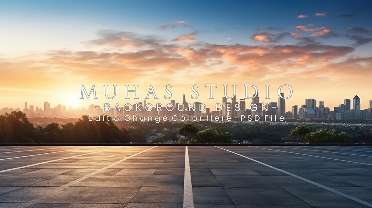 PSD urban skyline at sunrise with empty parking lot