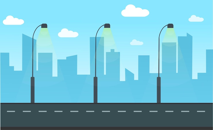PSD urban street with street lamps and city skyline illustration