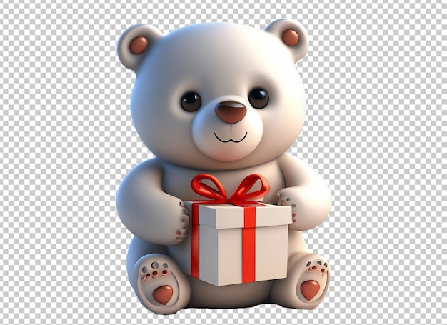 Ursinho de pelúcia 3d branco segurando uma caixa de presente do dia dos namorados