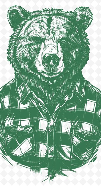 PSD urso cinzento vestindo uma camisa de lenhador com animais robustos expressi sketch art vector collections